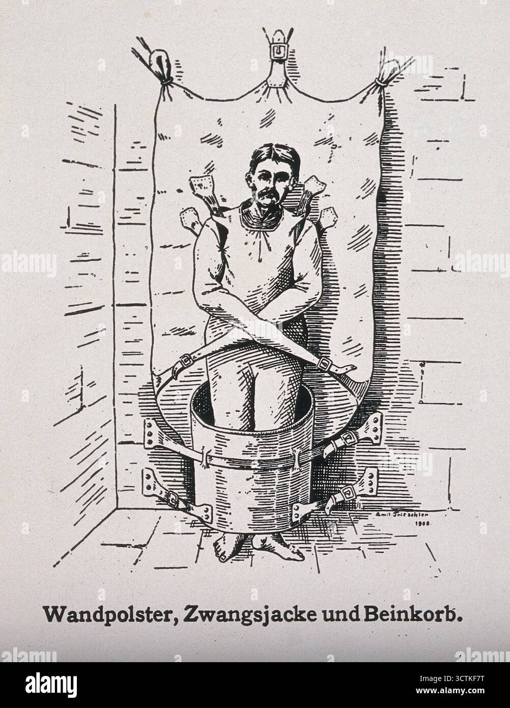 Un malade mental dans une veste de délit attachée au mur et un étrange engin en forme de tonneau autour de ses jambes, 1908. Banque D'Images