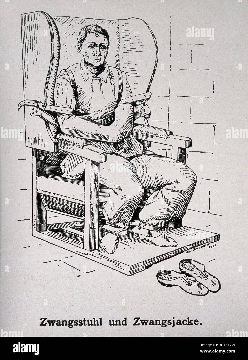 Un malade mental dans une veste droite et attaché à une chaise, 1908. Banque D'Images