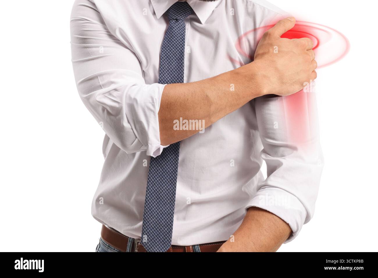 Homme avec épaule blessée, douleur et concept de soins de santé isolé sur fond blanc Banque D'Images