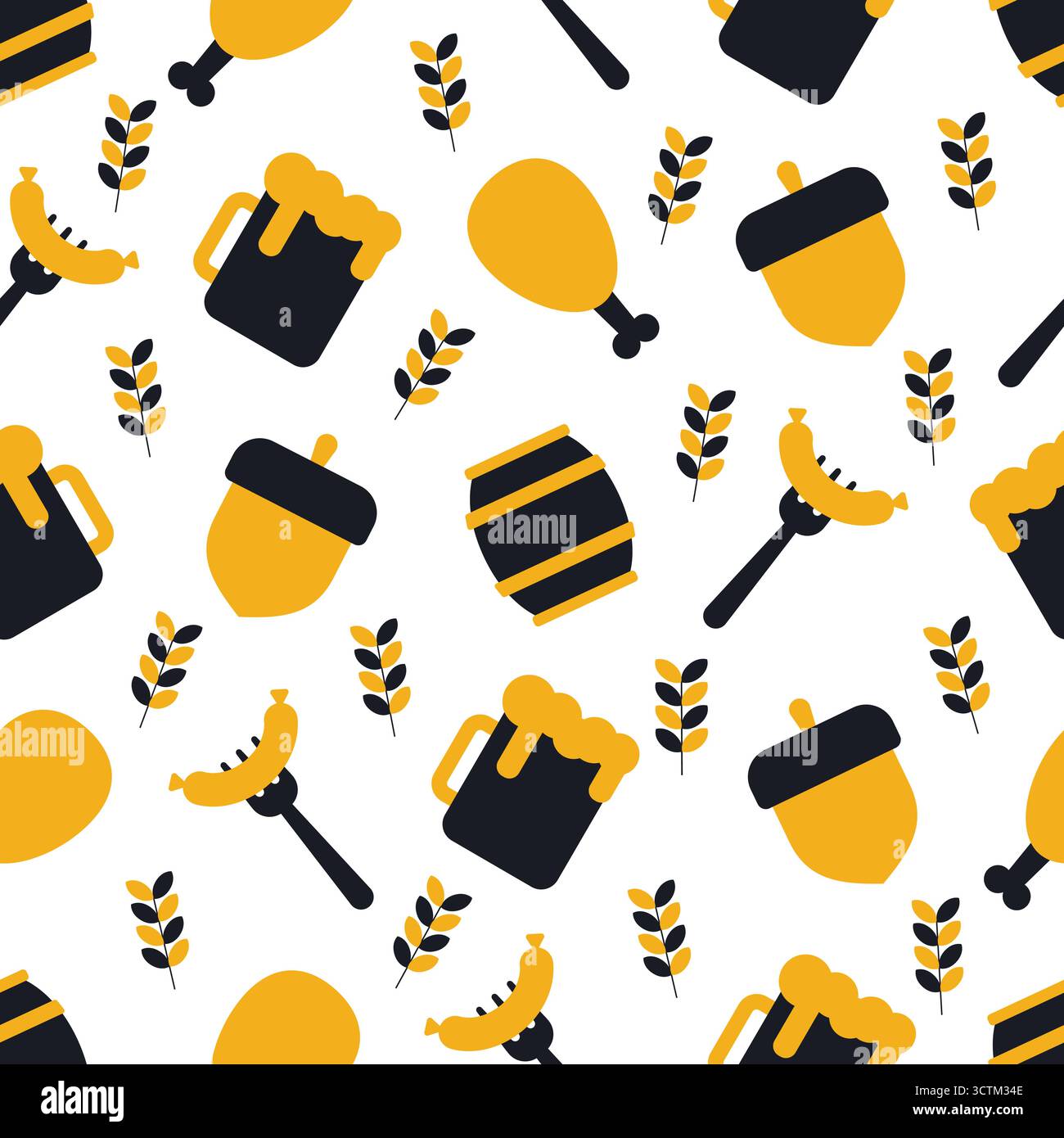 Modèle sans couture Octoberfest avec des icônes noires et jaunes audacieuses représentant des tasses à bière, des saucisses, des pilons de poulet, des tiges de blé, des tonneaux, et des glands. Illustration de Vecteur