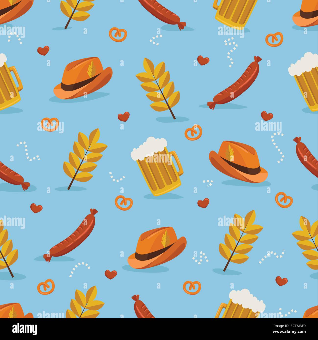 Modèle vectoriel sans couture Oktoberfest avec des tasses à bière, des saucisses, des bretzels, des chapeaux orange, des tiges de blé, et des coeurs rouges sur un fond bleu clair. Illustration de Vecteur