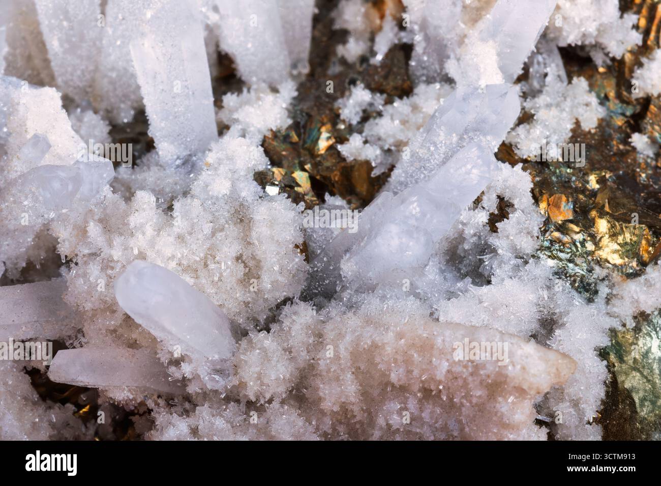 spécimen minéral, cristal de roche quartz et alena avec cristaux de pyrite jaune doré irisé, texture abstraite Banque D'Images