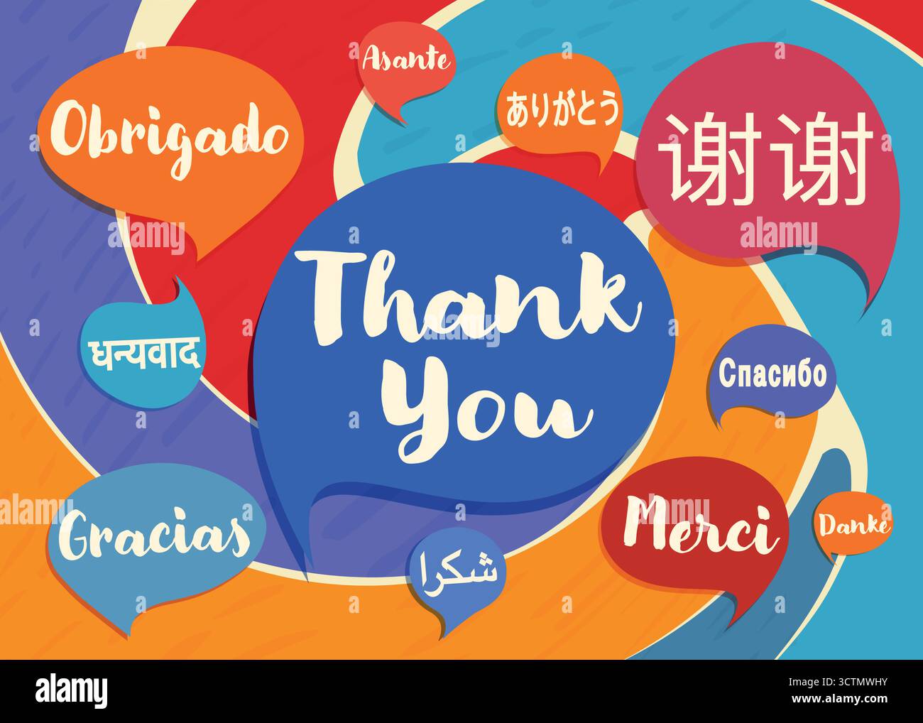 Message de remerciement multilingue dans des bulles de discours colorées représentant la communication mondiale Illustration de Vecteur