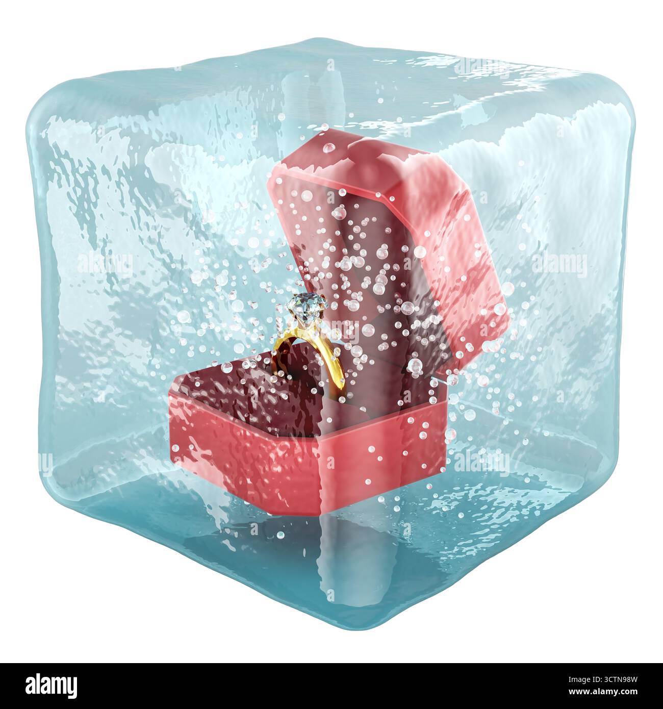 Bague de fiançailles dans une boîte à bijoux gelée dans un glaçon. Rendu 3D isolé sur fond blanc Banque D'Images