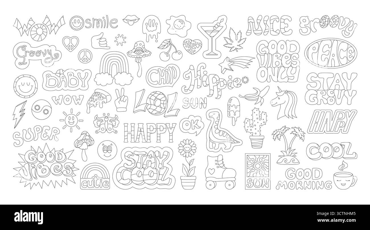 Ensemble de doodle Retro Happy sticker Pack. Vintage Comic label Smiling face, sticker cool tendance rétro style de bande dessinée des années 90. Livre de coloriage amusant et naïf vieille école groovy citation patch bundle vecteur amusant Illustration de Vecteur