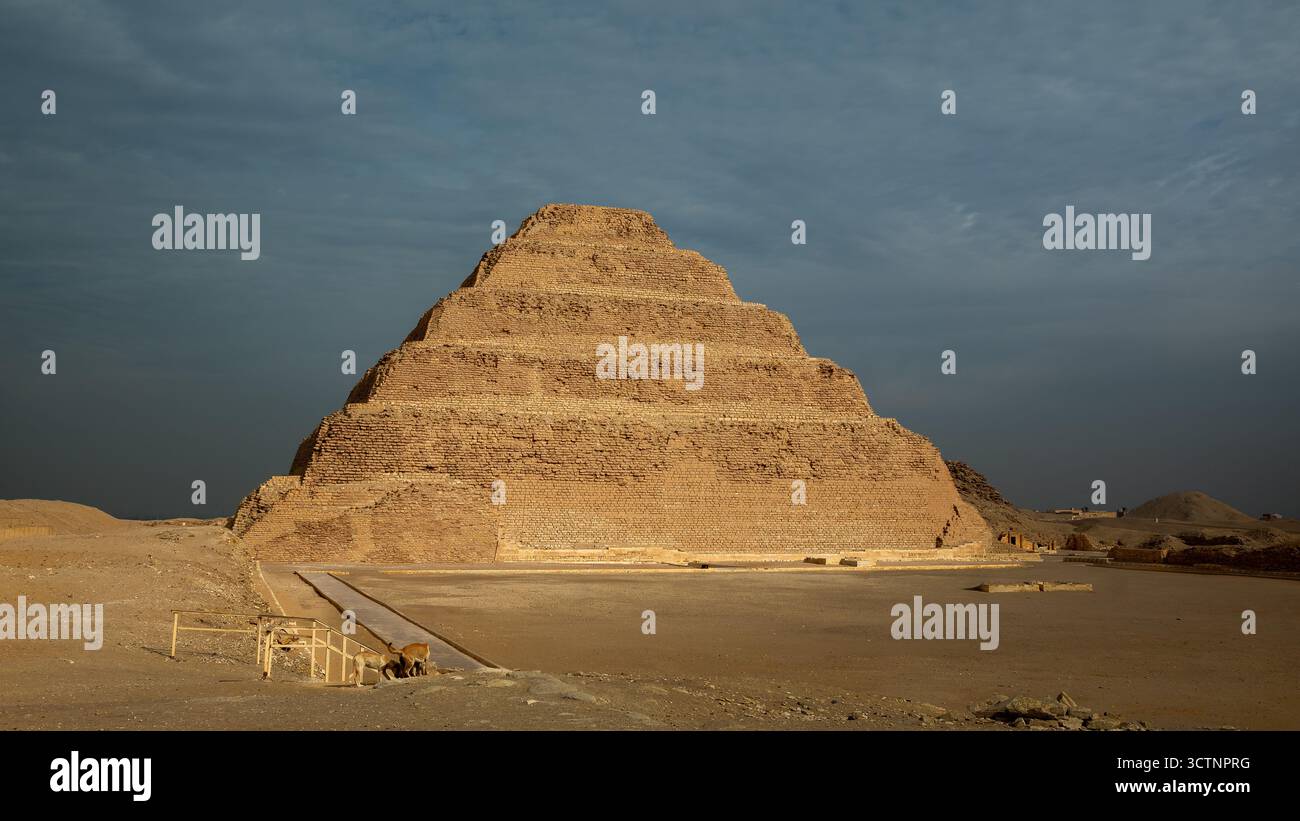 Pyramide de Djéser, une ancienne pyramide sous le soleil du désert. Banque D'Images