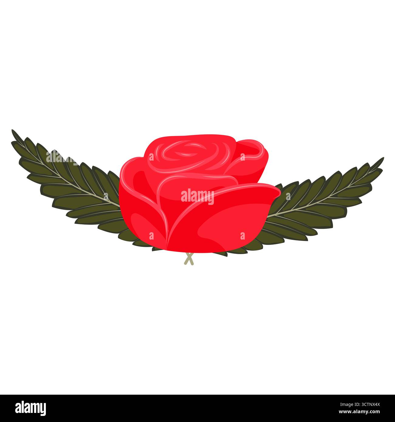 Une tête de rose rouge avec deux feuilles de chaque côté. Illustration vectorielle sur un fond blanc. Illustration de Vecteur