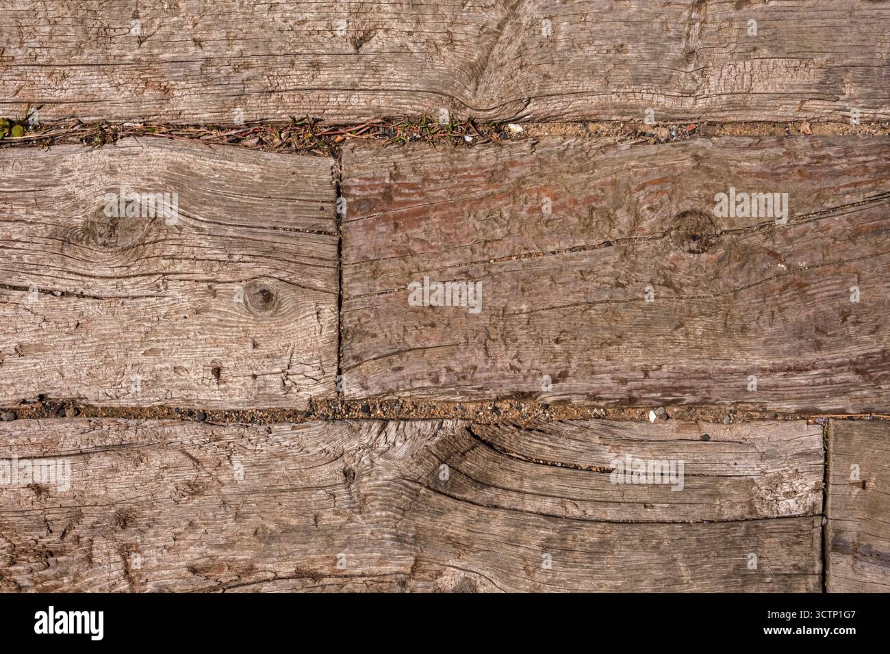 Vue de dessus rapprochée de planches de bois altérées présentant des textures naturelles et des motifs de grain. Convient pour les thèmes liés au vintage, artisanat a Banque D'Images
