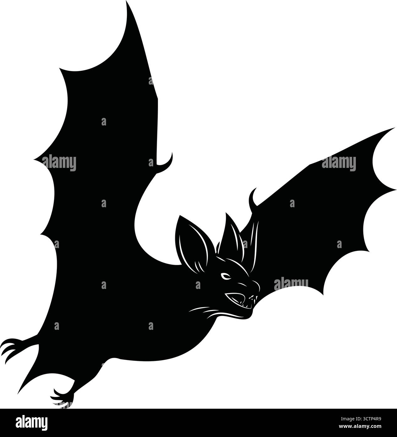 Chauve-souris noire volant avec bouche ouverte et ailes déployées, parfait pour halloween, gothique, nocturne, ou des dessins effrayants sur le thème de la faune. Illustration de Vecteur