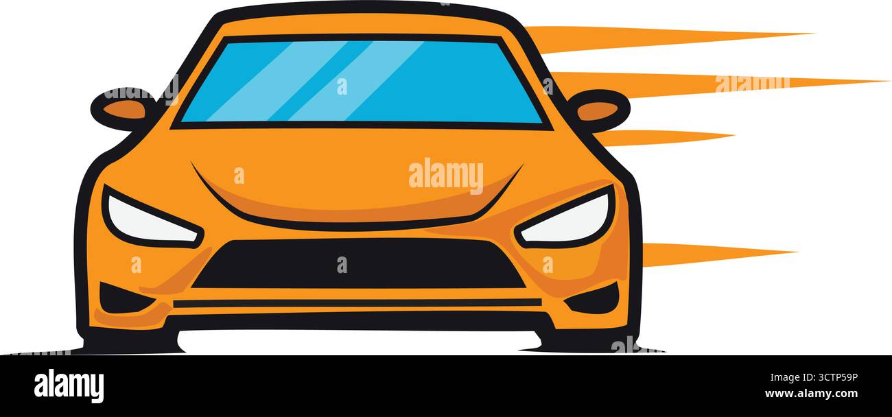 Logo de voiture de dessin animé orange conduisant rapidement avec des lignes de vitesse, représentant le transport rapide, la livraison ou les services automobiles Illustration de Vecteur