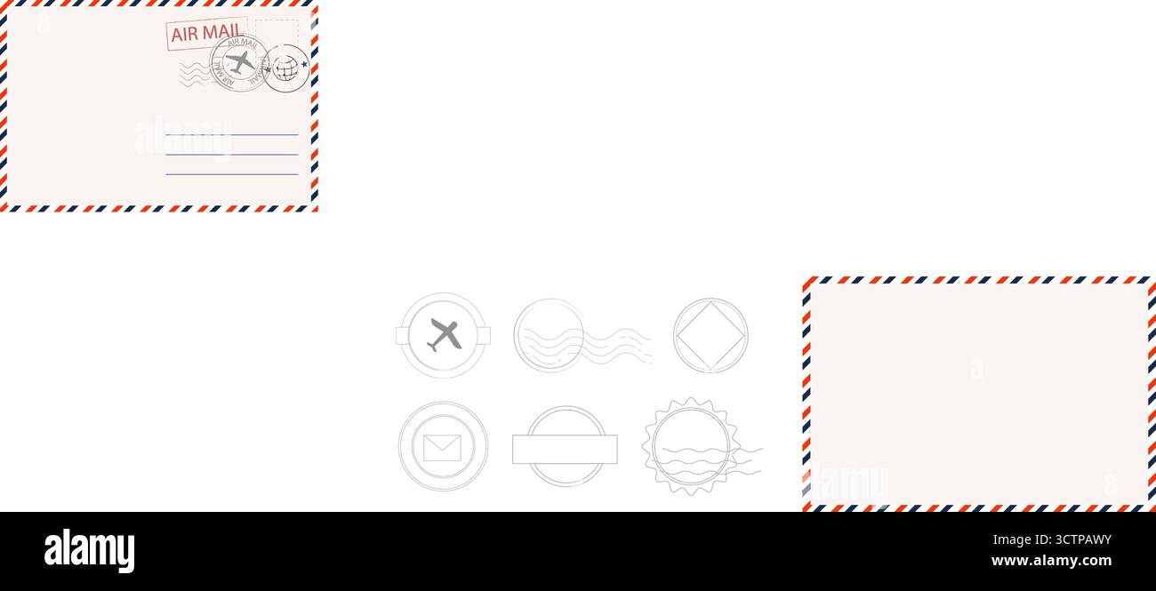 Jeu de timbres postaux et de timbres-poste, pour enveloppes et lettres. Courrier et correspondance d'affaires, communication. Courrier aérien, texturé vintage. Illustration vectorielle Illustration de Vecteur