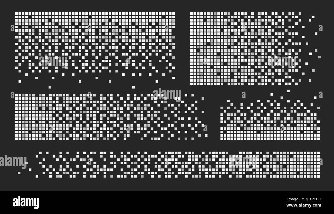 Ensemble de motifs de pixels cubiques avec effets de dispersion géométrique blanche, dissolution numérique et fragmentation des données pour les conceptions technologiques. Fonds de grille matricielle avec blocs dispersés. Transitions artistiques glitch Illustration de Vecteur