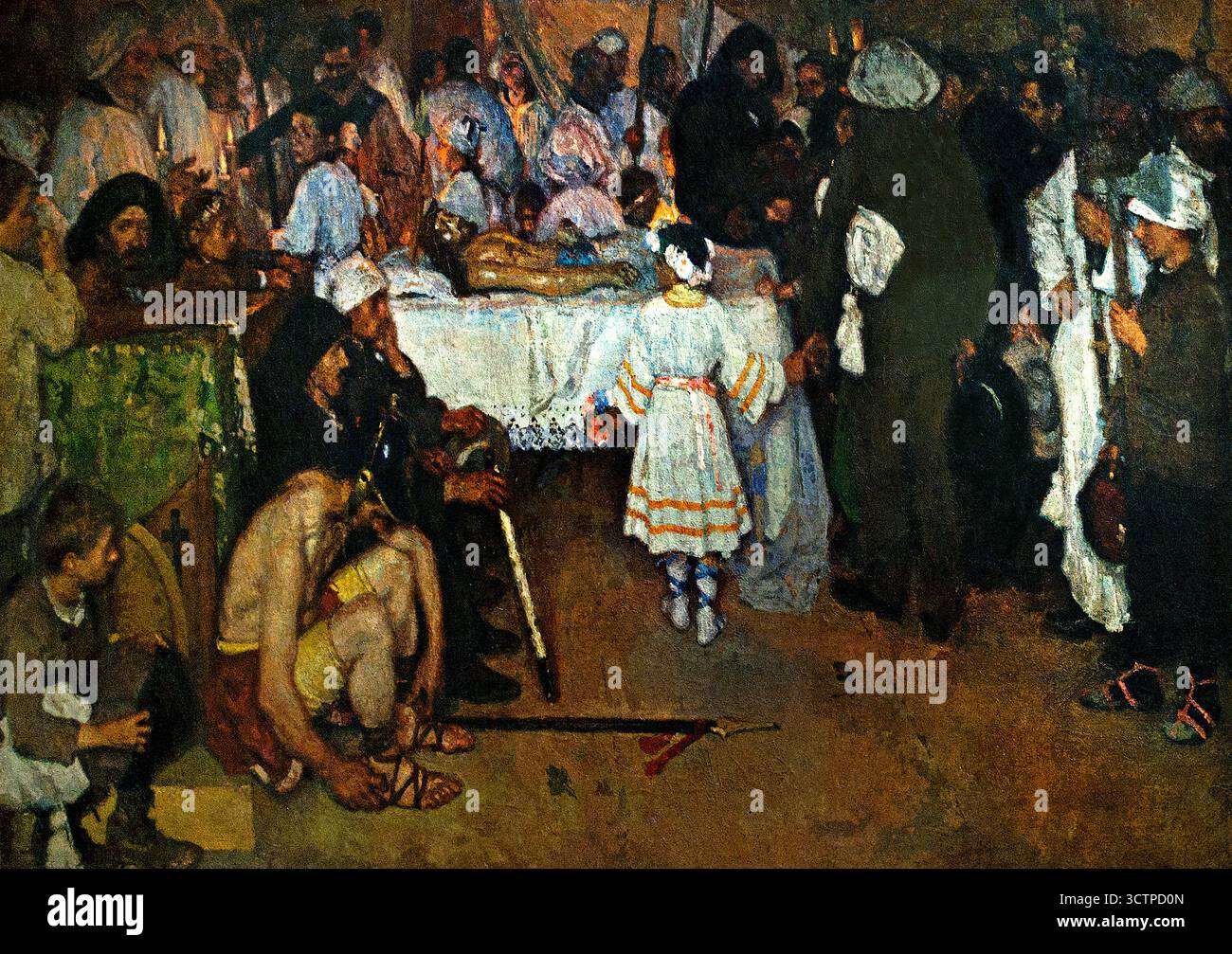 Le Christ mort - le baiser après la procession, 1912, Paride Pascucci (Italie). Les fidèles embrassent une statue du cadavre du Christ, qui est exposée devant l'autel, soit suspendue à un crucifix, soit posée sur une bière funéraire. Beaucoup trouvent que cela rappelle la façon dont ils visiteraient et pleureraient un parent décédé.) Banque D'Images