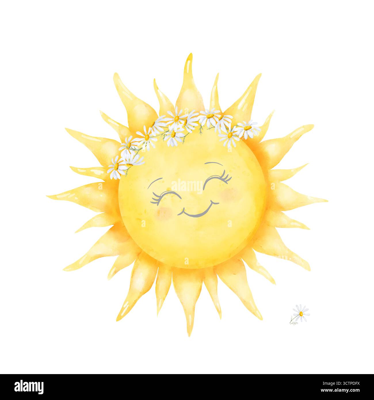 Le soleil est jaune avec des rayons avec une couronne de marguerites. Illustration aquarelle. Soleil drôle avec des yeux, des sourires, isolé sur fond blanc. Pour l'impression sur Banque D'Images