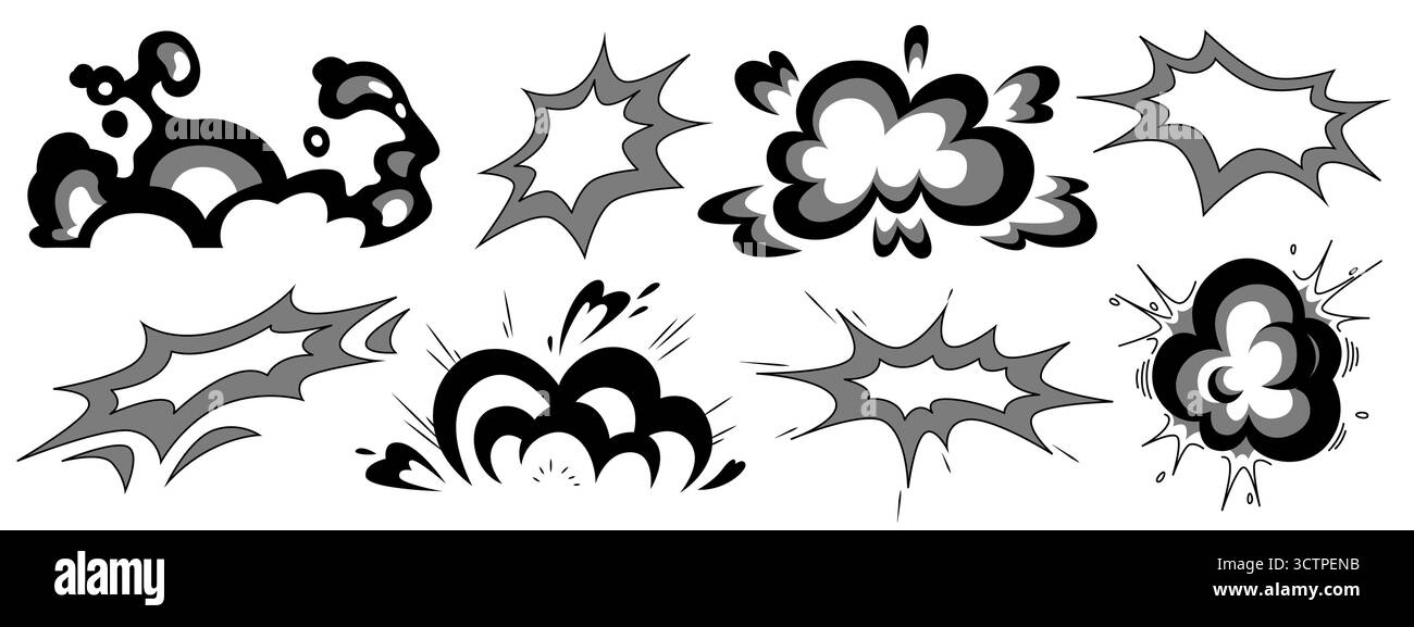 Nuages à effet explosif manga noir et blanc avec motifs rafale dynamiques pour les scènes d'action. Bouffées de fumée de style comic book, explosions d'impact et symboles pow. Graphismes de bataille de dessins animés japonais. Illustration de Vecteur