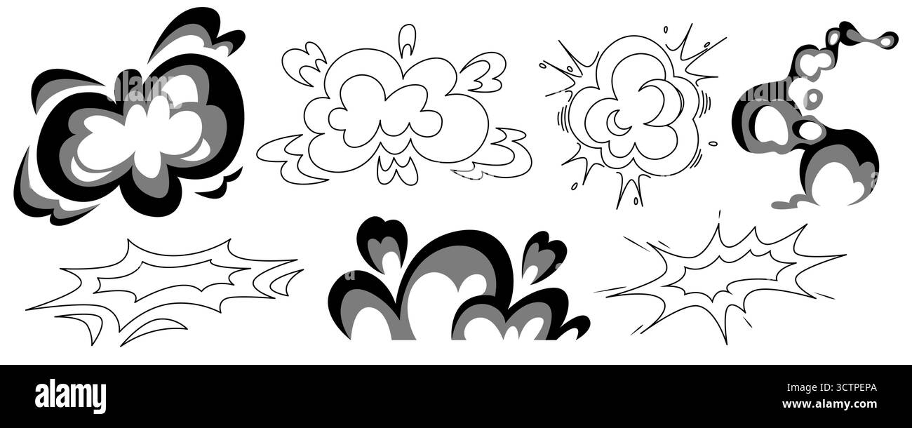 Nuages à effet explosif manga noir et blanc avec motifs rafale dynamiques pour les scènes d'action. Bouffées de fumée de style comic book, explosions d'impact et symboles pow. Graphismes de bataille de dessins animés japonais. Illustration de Vecteur