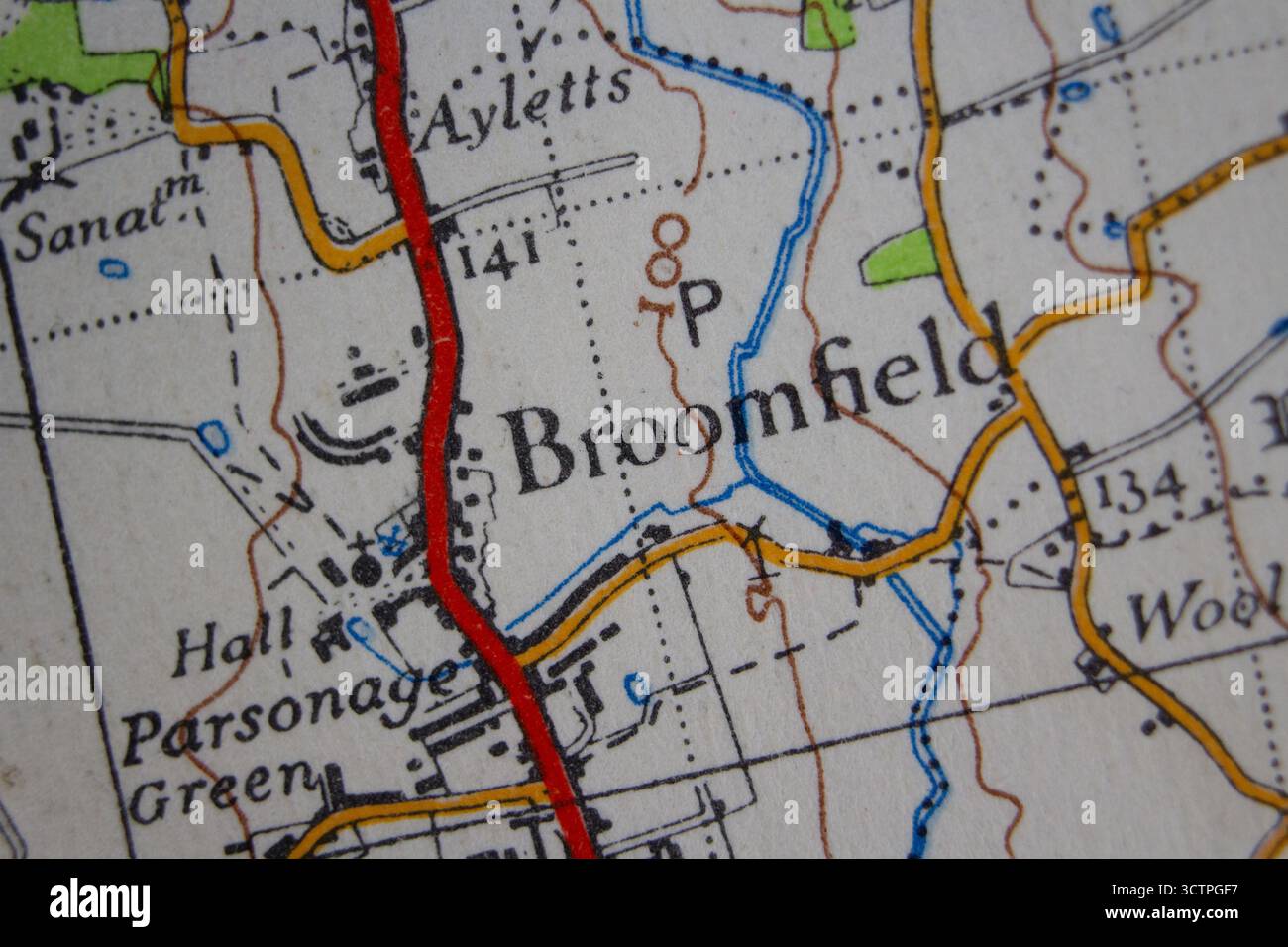 Broomfield - United Kingdom couleur atlas old fashioned vintage style carte de tissu nom de la ville de la région Banque D'Images