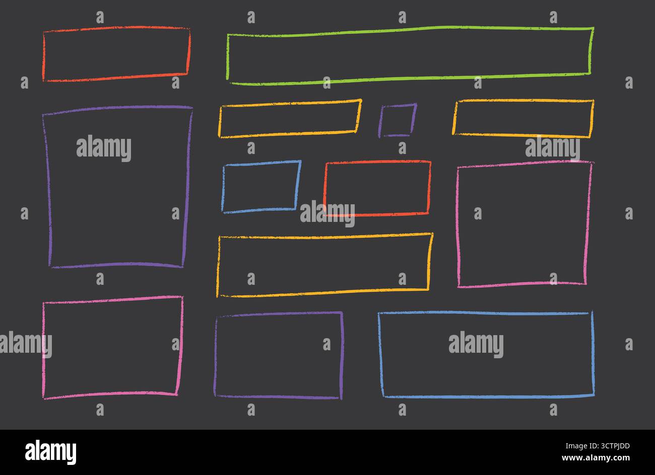 Zones de texte rectangulaires crayon avec bordures texturées dessinées à la main dans des couleurs vives. Illustration de Vecteur