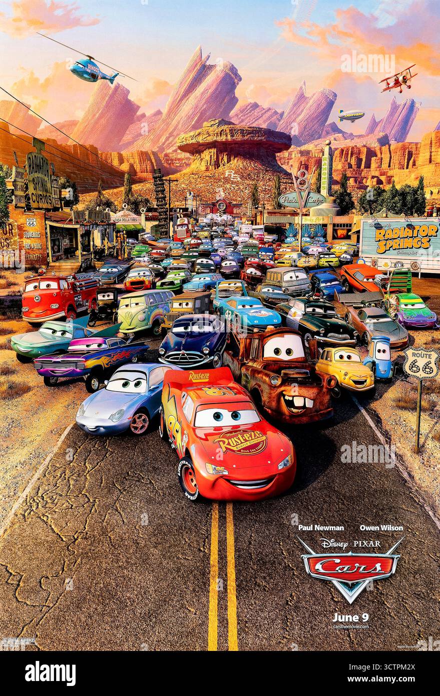Cars (2006) réalisé par John Lasseter et mettant en vedette Owen Wilson, Paul Newman et Bonnie Hunt. Aventure animée suivant une voiture de course à succès qui découvre amitié et humilité dans une petite ville. Photographie d'une affiche originale US Advance de 2006 À USAGE ÉDITORIAL EXCLUSIF. Crédit : BFA / Walt Disney Pictures / Pixar animation Studios Banque D'Images