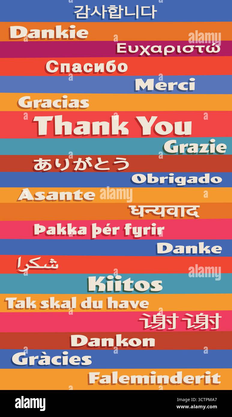 Affiche colorée de remerciement en plusieurs langues célébrant la diversité mondiale et l'unité multiculturelle Illustration de Vecteur