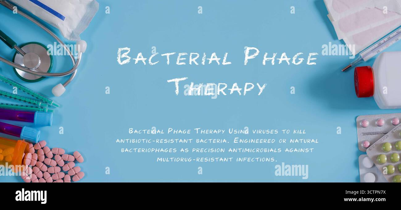 Phage bactérien utilisant des virus pour tuer les bactéries résistantes aux antibiotiques. Bactériophages artificiels ou naturels comme antimicrobiens de précision contre Banque D'Images
