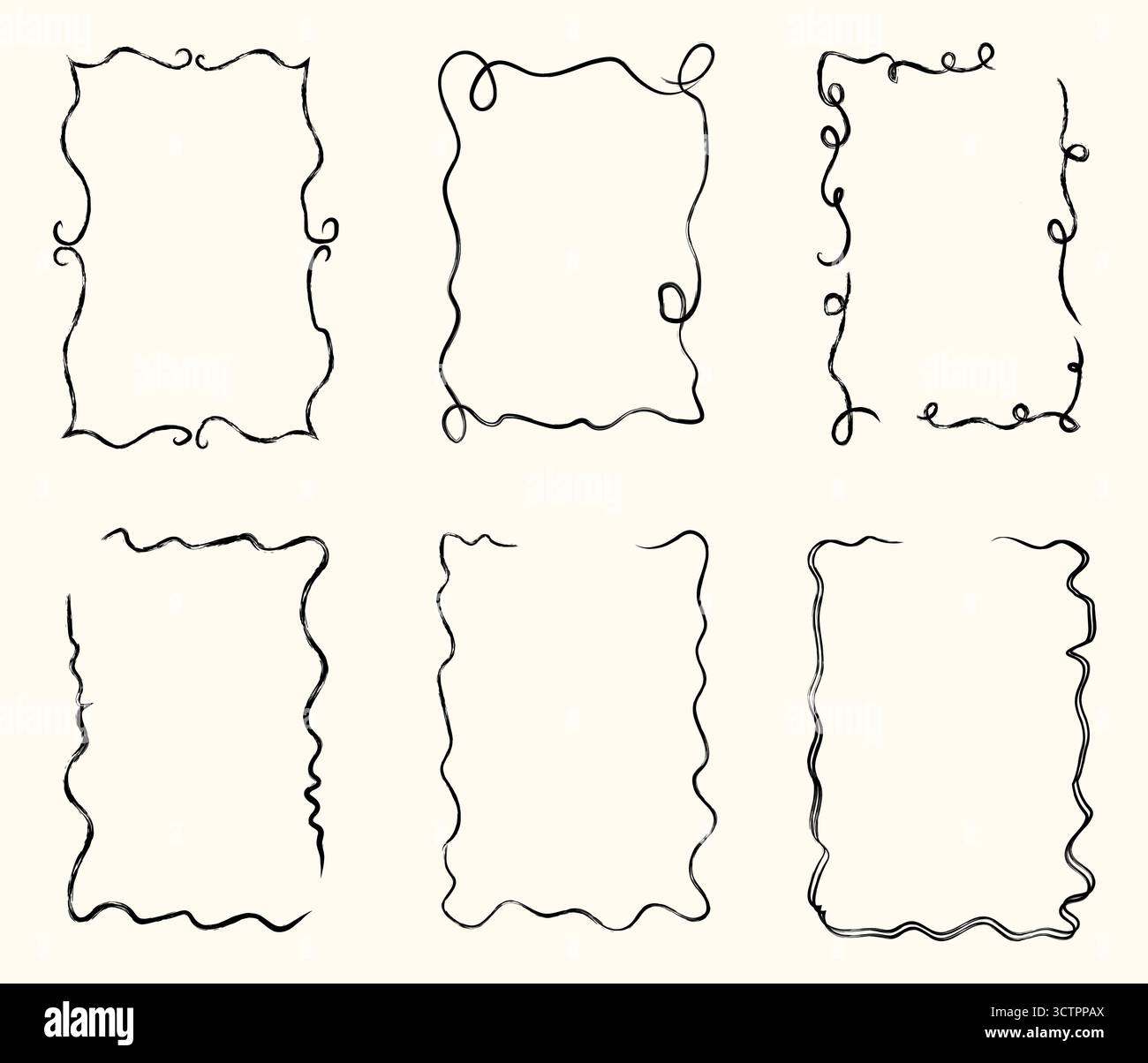 Cadres ondulés fantaisistes dessinés à la main et bordures dans un style de dessin ludique avec texture crayon, lignes à main levée imparfaites pour un design décoratif. Plat Illustration de Vecteur