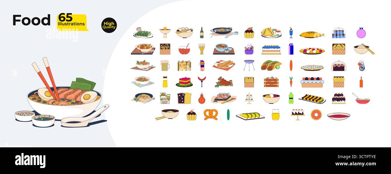 Cuisine culturelle et produits de boulangerie dessins animés plat méga paquet Illustration de Vecteur