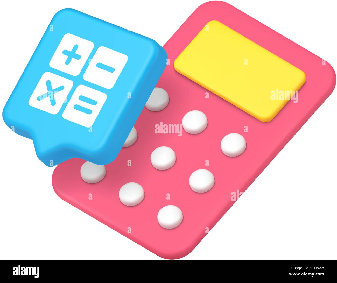 Calculatrice rose avec écran jaune et boutons blancs jumelés à une icône bleue montrant des symboles mathématiques, y compris plus, moins, multiplier et égal. icône 3d re Illustration de Vecteur