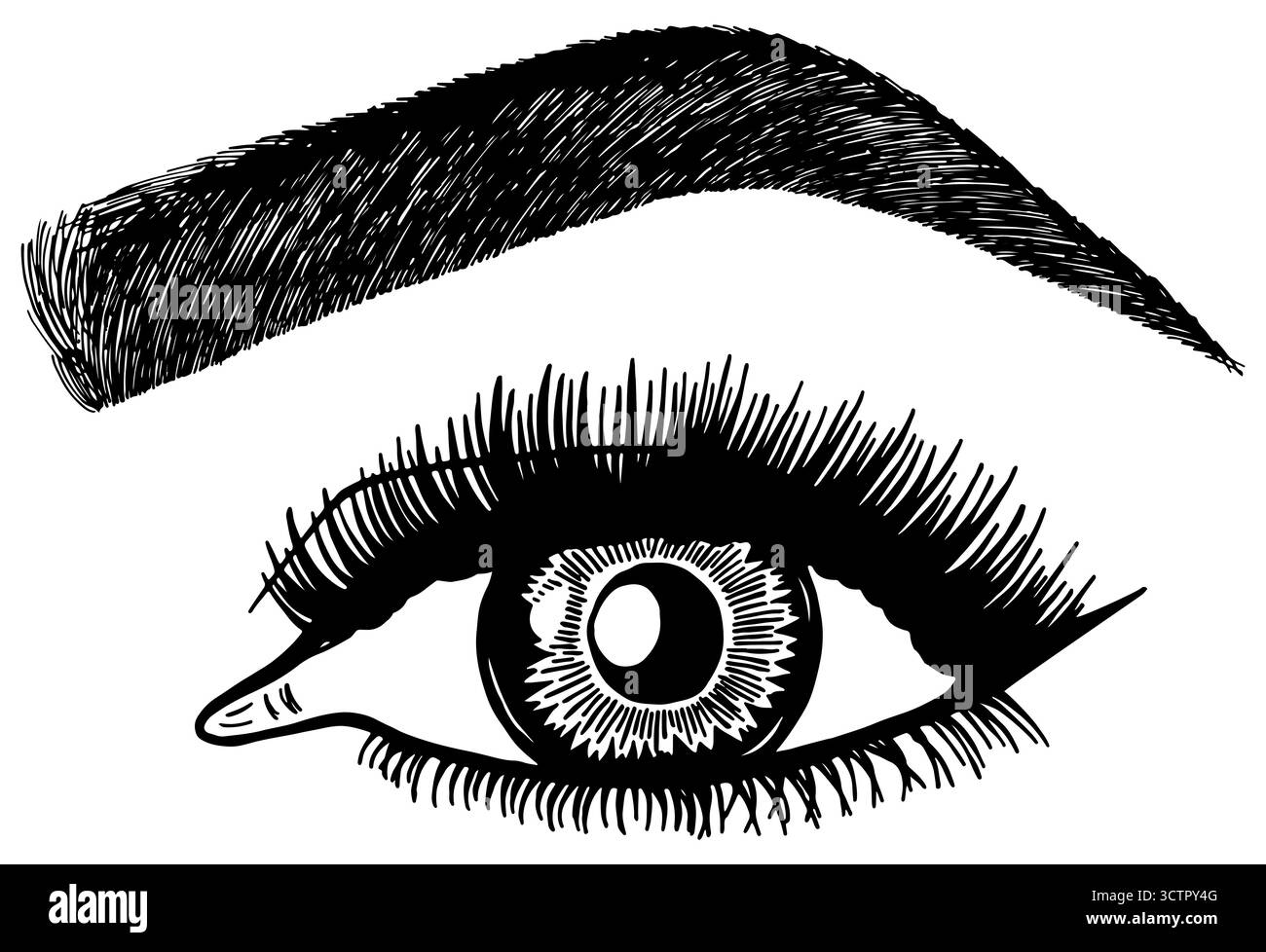Illustration avec l'oeil de femme, les cils et les sourcils. Maquillage look. Motif tatouage. symbole pour bar à sourcils ou salon de cils. Illustration de Vecteur