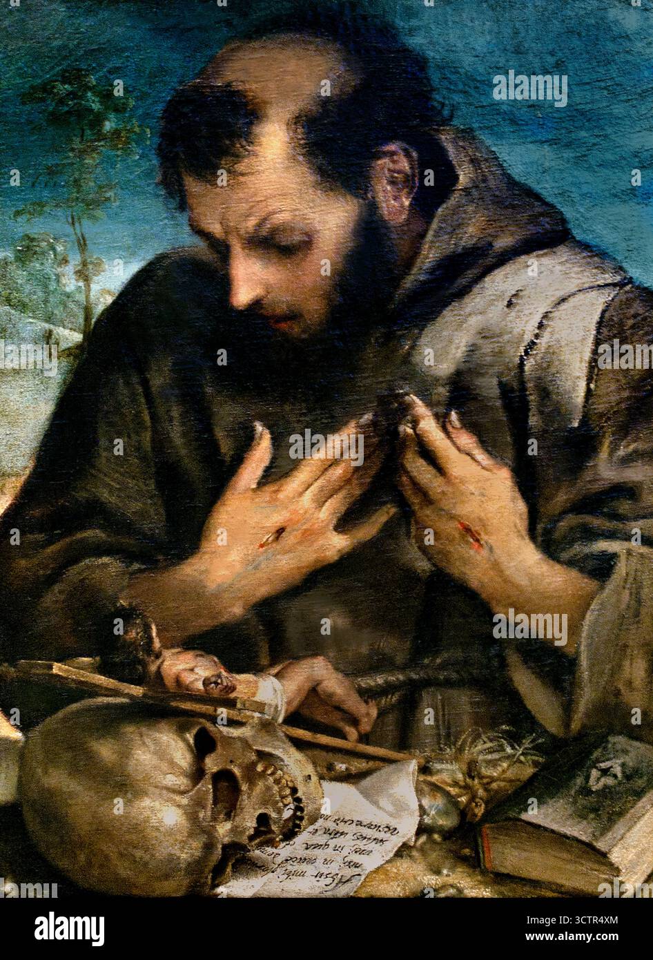 Saint François adore le crucifix 1585 Annibale Carracci (Bologne 1560 - Rome 1609) Guido Reni 1575 – 1642 Italie baroque Italien ( Saint François d'assise, ( Giovanni di Pietro di Bernardone ), mystique frère catholique italien, fondateur des franciscains, et l'une des figures les plus vénérées du christianisme, il a été inspiré pour mener une vie, la pauvreté et la prédication itinérante. Le pape Grégoire IX, canonisé le 16 juillet 1228, ) Banque D'Images