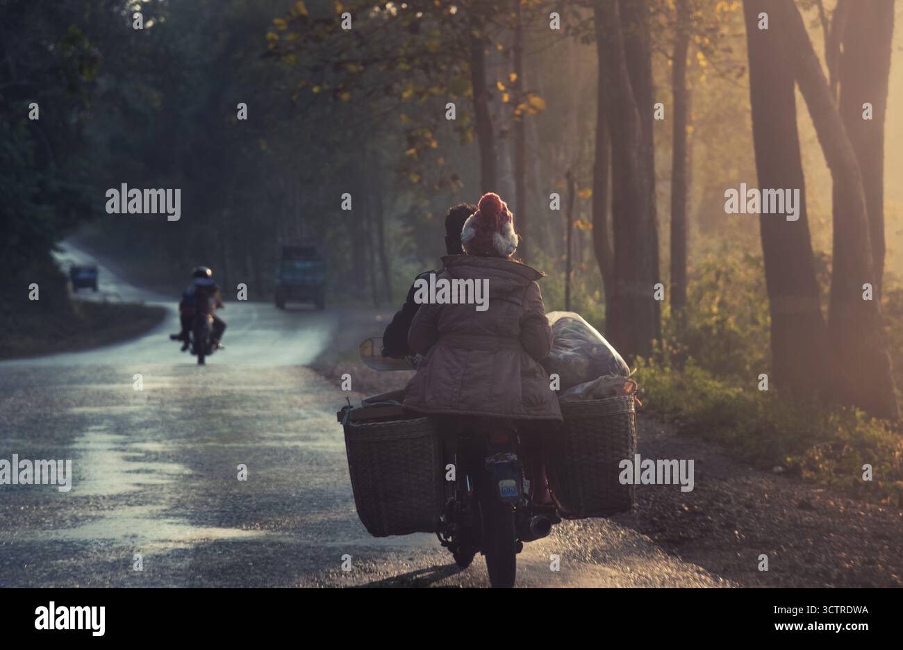 Couple Riding Motorcycle avec paniers sur la route rurale au lever du soleil – photographie documentaire éditoriale de la vie de village asiatique Banque D'Images