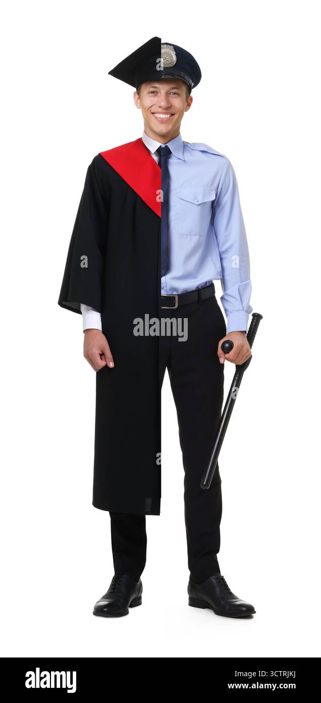 Choix de la profession. Portrait combiné d'étudiant diplômé sur une moitié et policier sur l'autre. Fond blanc Banque D'Images
