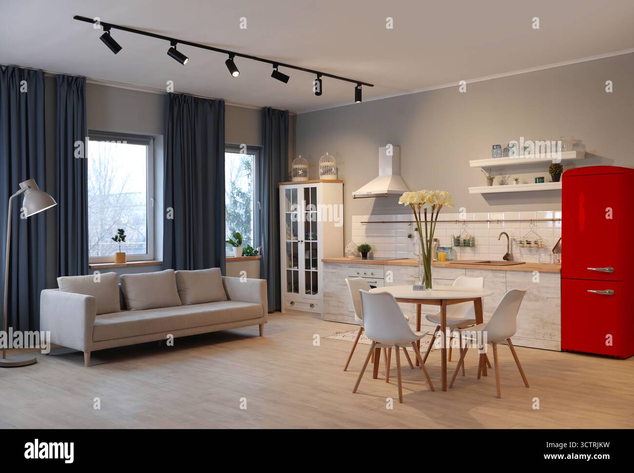 Réfrigérateur rouge, canapé et table à manger avec chaises dans un appartement spacieux Banque D'Images