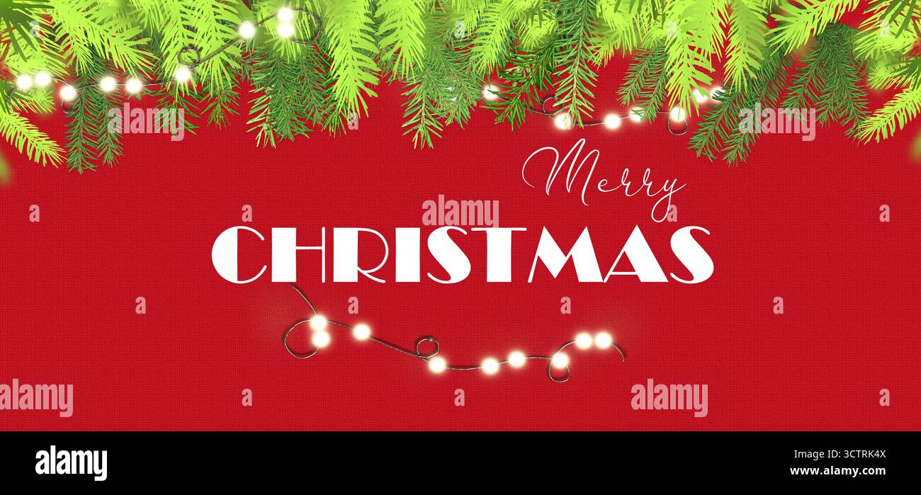 Texte de fond de Noël Joyeux Noël. Branches d'arbre de Noël sur fond rouge avec guirlande,. Modèle d'invitation de bordure festive de carte horizontale. Hor Banque D'Images