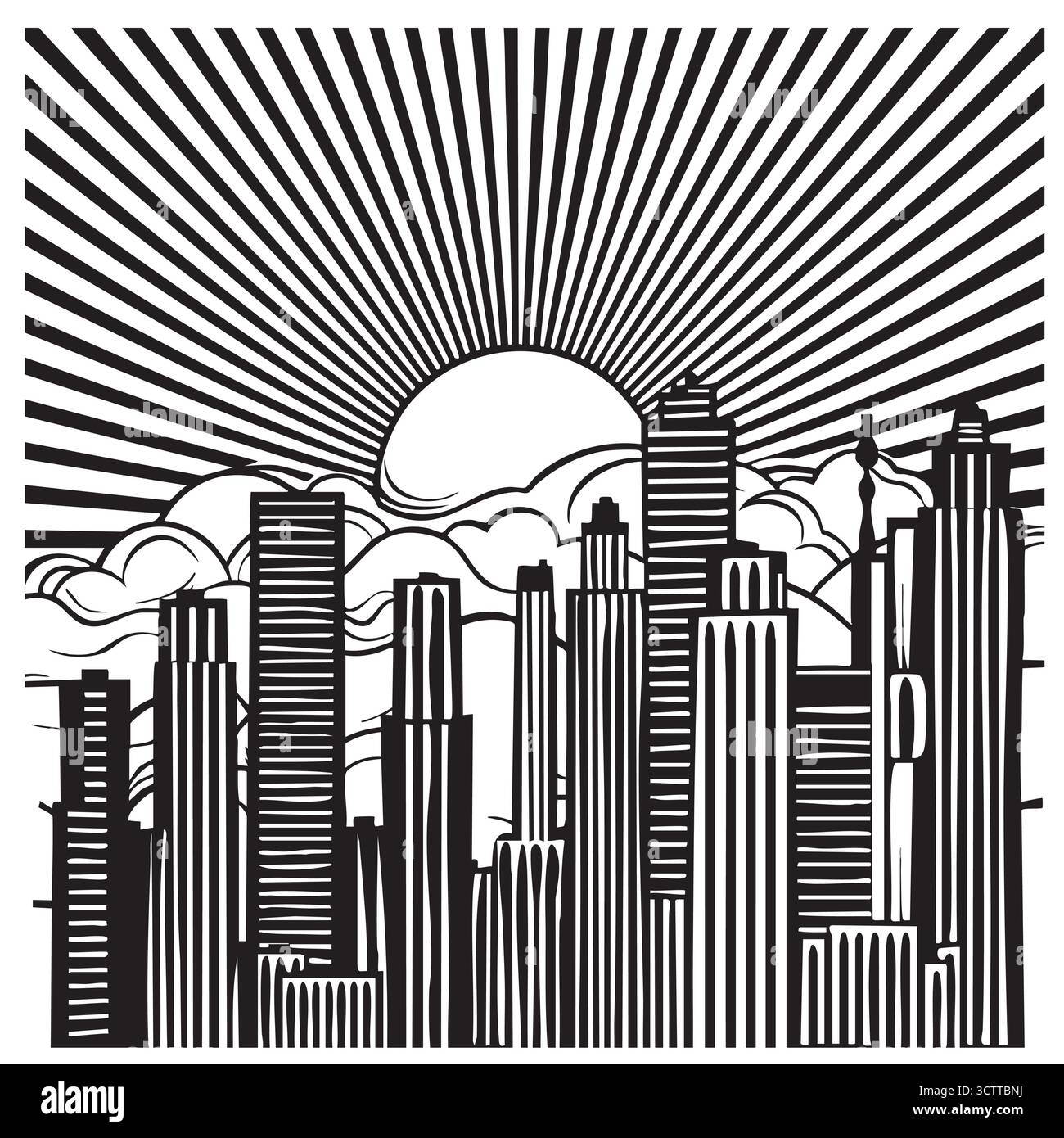 Coucher de soleil sur la grande ville. Résumé fond. Concevoir une affiche. Illustration de Vecteur