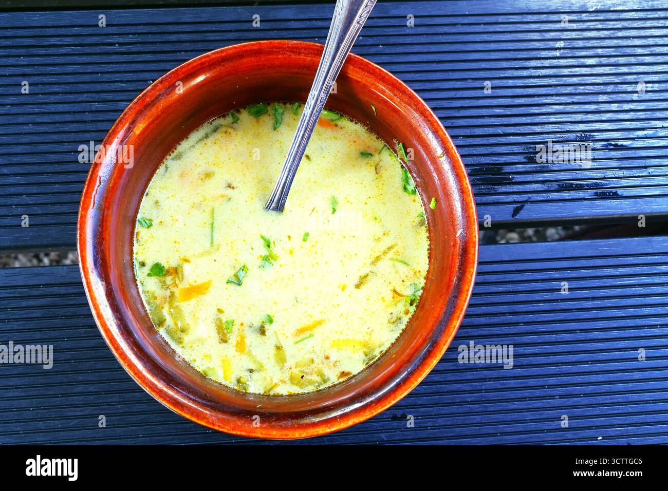 Soupe traditionnelle polonaise crémeuse au concombre dans un bol rustique avec une cuillère Banque D'Images