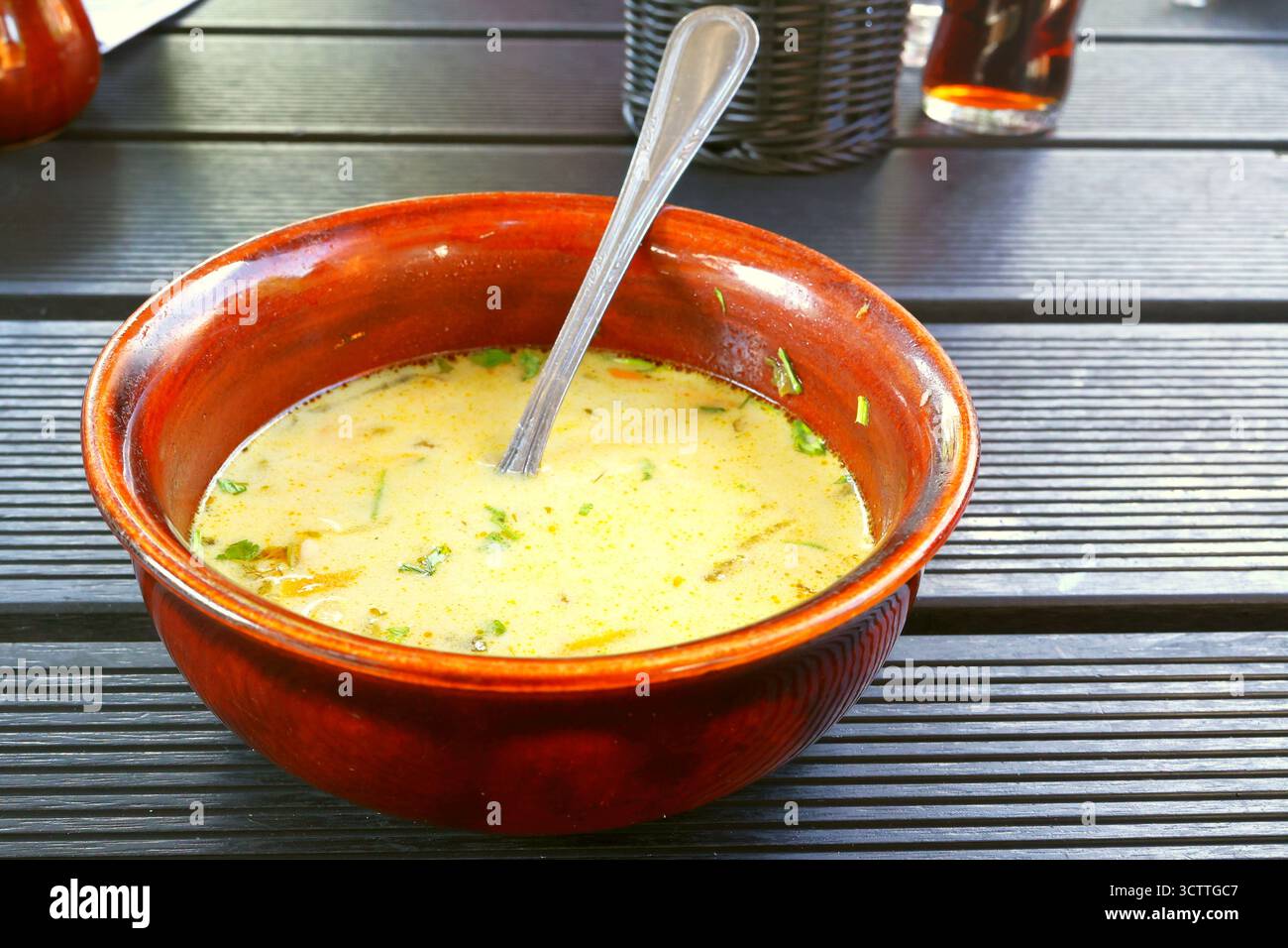 Soupe traditionnelle polonaise crémeuse au concombre dans un bol rustique avec une cuillère Banque D'Images