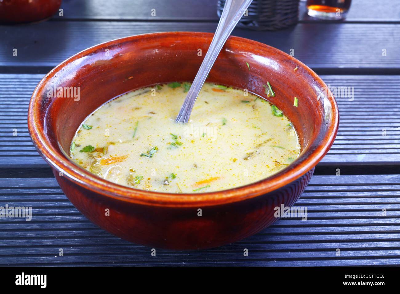 Soupe traditionnelle polonaise crémeuse au concombre dans un bol rustique avec une cuillère Banque D'Images