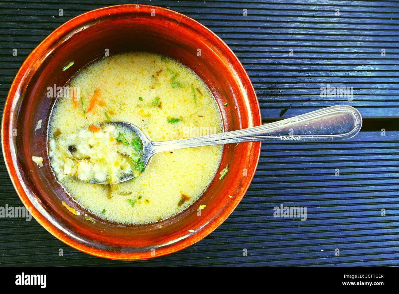 Soupe traditionnelle polonaise crémeuse au concombre dans un bol rustique avec une cuillère Banque D'Images