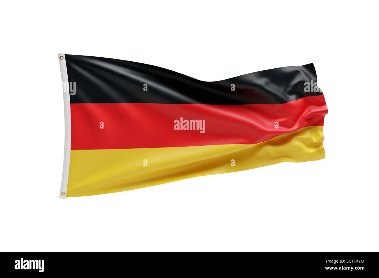 Rendu 3d du drapeau national allemand ondulant au vent avec des plis de tissu lisses, isolé sur fond blanc, symbolisant l'unité, la fierté et le stre Banque D'Images