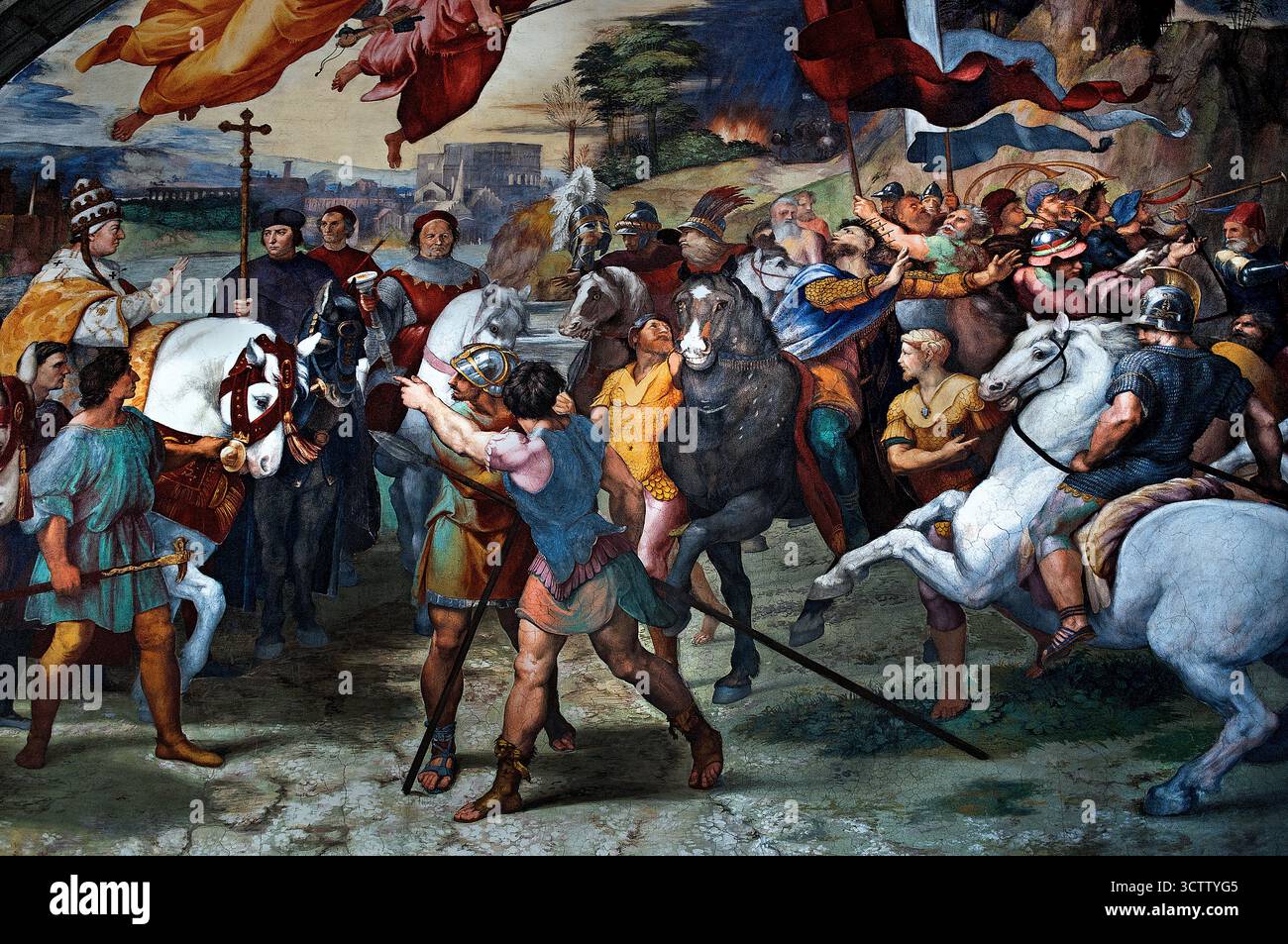 La réunion du Pape Léon I et Attila le Hun est une fresque de Raphaël et Jules Romain 1514 Chambres de Raphaël (tanze di Raffaello) Raffaello Sanzio da Urbino 1483 - 1520 fresco appartements pontificaux Vatican Rome Italie ( détail ) Banque D'Images