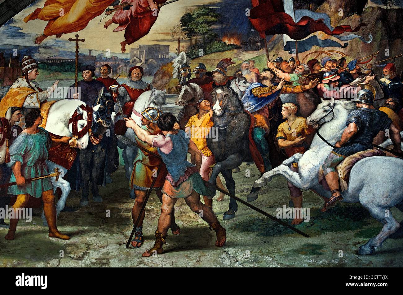 La réunion du Pape Léon I et Attila le Hun est une fresque de Raphaël et Jules Romain 1514 Chambres de Raphaël (tanze di Raffaello) Raffaello Sanzio da Urbino 1483 - 1520 fresco appartements pontificaux Vatican Rome Italie ( détail ) Banque D'Images