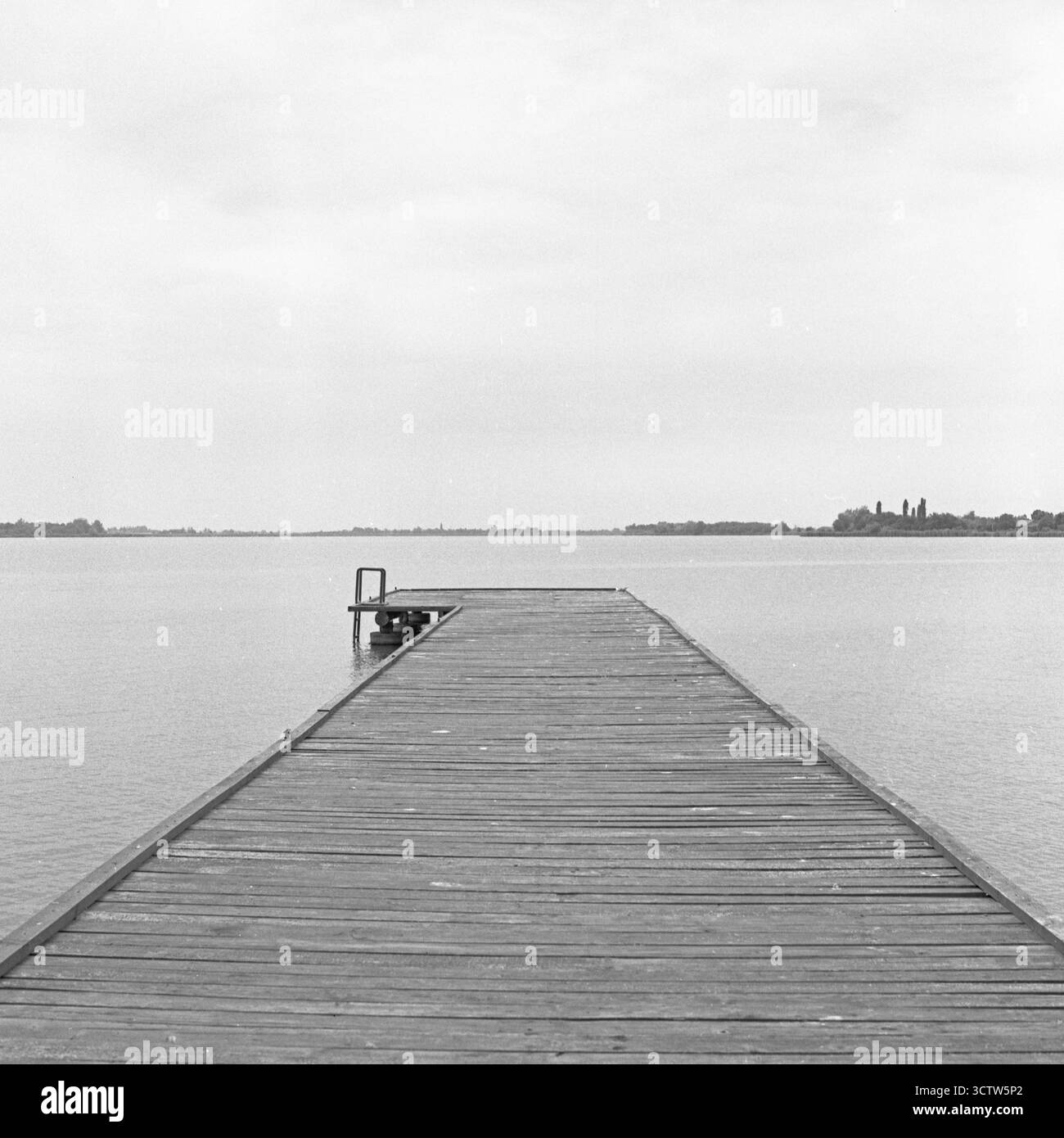 Photo analogique noir et blanc de format moyen d'un quai en bois sur le lac Palić, Serbie. Ciel couvert et film périmé ajoutent un ton intemporel et sombre. Banque D'Images