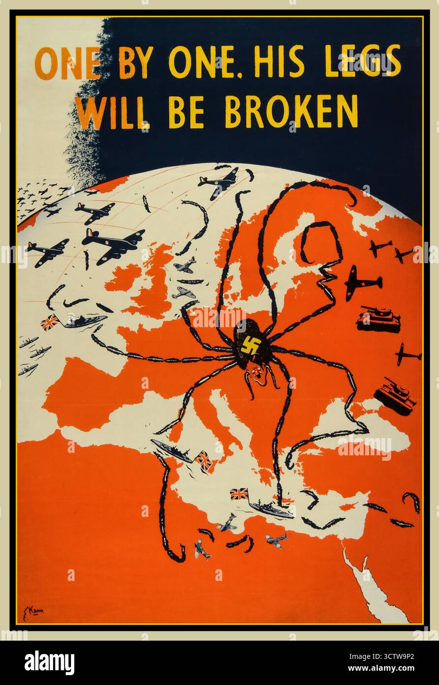 Affiche de propagande britannique de la seconde Guerre mondiale, créée par l'artiste Kimon Evan Marengo, également connue sous le nom de 'KEM'. L'affiche, publiée en 1941, représente Adolf Hitler comme une araignée avec une croix gammée sur son corps, avec ses jambes qui s'étendent à travers l'Europe et l'Afrique du Nord. Le titre, 'UN PAR UN. SES JAMBES SERONT CASSÉES », se réfère à la stratégie des forces alliées de vaincre les puissances de l'axe sur plusieurs fronts. L'affiche montre des navires de guerre et des avions alliés attaquant les jambes de l'araignée, symbolisant les efforts militaires contre l'axe. Banque D'Images