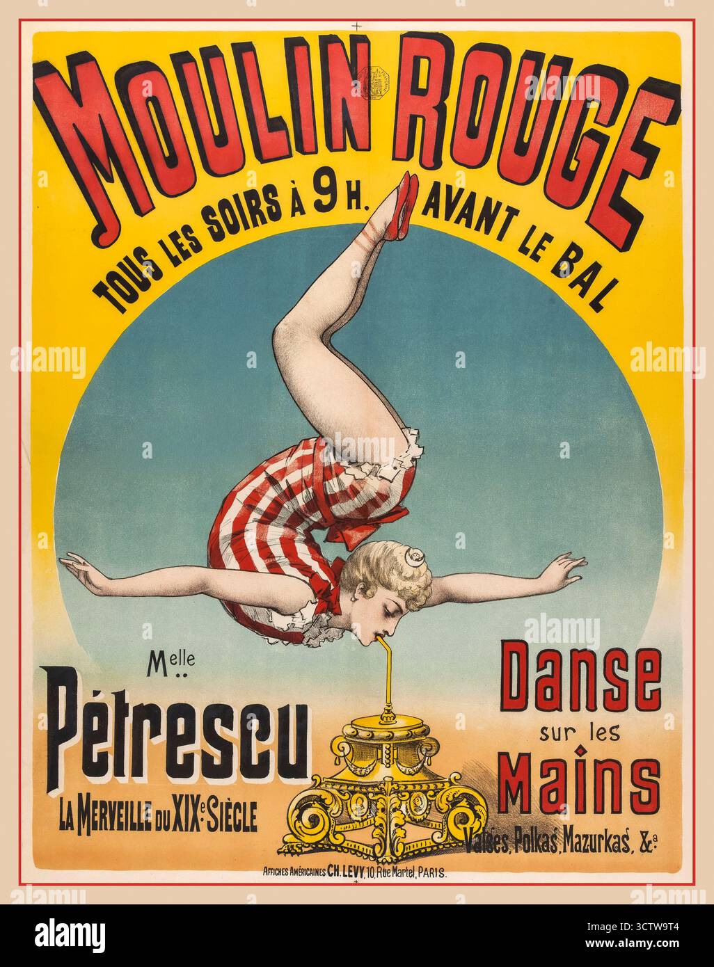 Affiche vintage du spectacle du Moulin Rouge de Paris pour le spectacle « danse sur les mains » au Moulin Rouge, avec lithographie couleur de Miss Petrescu. 1880-1900. Paris, affiche pour le spectacle 'danse sur les mains' au Moulin Rouge, avec Mlle Petrescu . Lithographie couleur. 1880-1900. Paris, France Banque D'Images