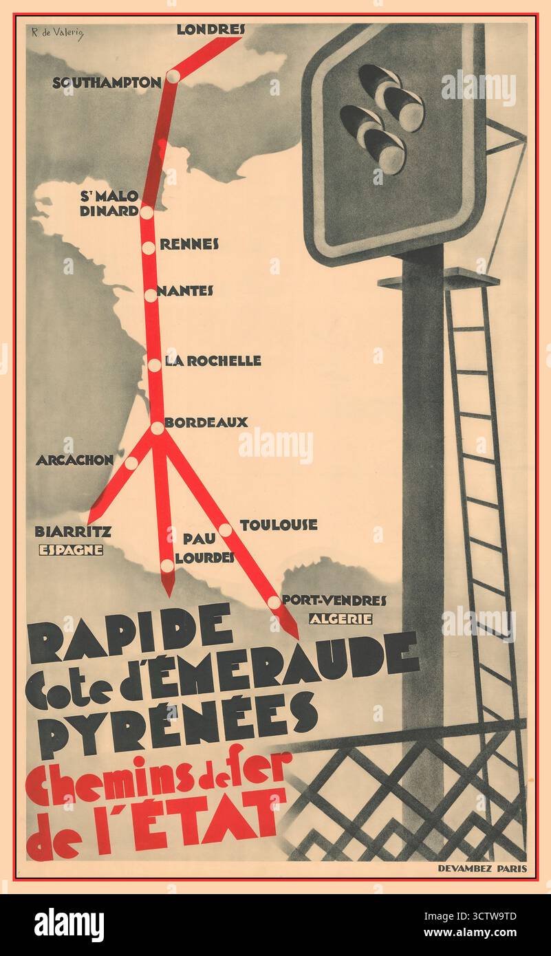 Affiche ferroviaire française des années 1930 intitulée 'rapide Côte d'Émeraude-Pyrénées' par Roger de Valerio, créée en 1930. L'affiche fait la publicité d'une ligne de train exploitée par la compagnie de chemin de fer de l'État française, 'chemins de fer de l'État'. L'affiche présente une carte de la ligne ferroviaire reliant Londres et Southampton à plusieurs villes de France, dont Paris, Bordeaux et Toulouse. L'itinéraire s'étend de la 'Côte d'Émeraude' (Côte d'Émeraude) à la chaîne de montagnes 'Pyrénées' (Pyrénées). La conception comprend un signal ferroviaire proéminent sur le côté droit de l'affiche. Banque D'Images