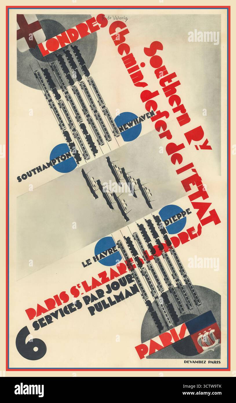Affiche de voyage vintage des années 1930 pour la route 'Londres - Paris', créée par l'artiste Roger de Valério. Affiche annonce un service de voyage entre Londres et Paris, probablement par train et ferry, comme indiqué par le texte 'chemin de fer de l'ETAT Southern Ry' et les noms des ports tels que Southampton, Newhaven, le Havre, et Dieppe. L'affiche a été créée pour le 'chemin de fer de l'ETAT Southern Ry', qui se traduit par 'State Railway Southern Railway', indiquant une collaboration entre les compagnies de chemin de fer françaises et britanniques pour le service cross-Channel. Banque D'Images