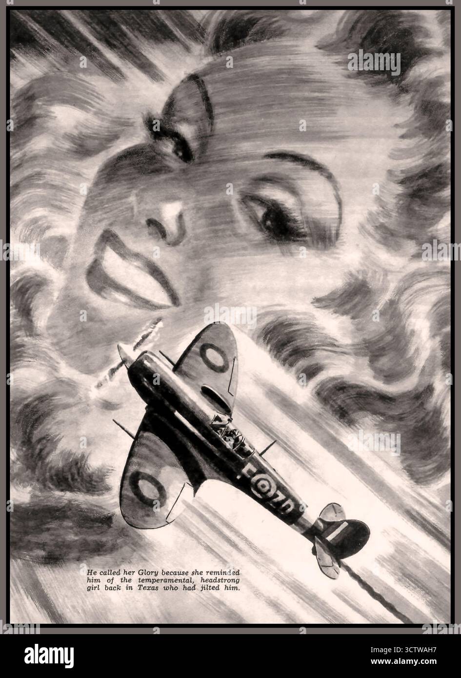 1943 WW2 RAF Spitfire illustration de l'avion de chasse de Flight Cadet magzine. Wartime Adventure magazine avec fille glamour retour home.USA « il a appelé sa gloire….. » Banque D'Images