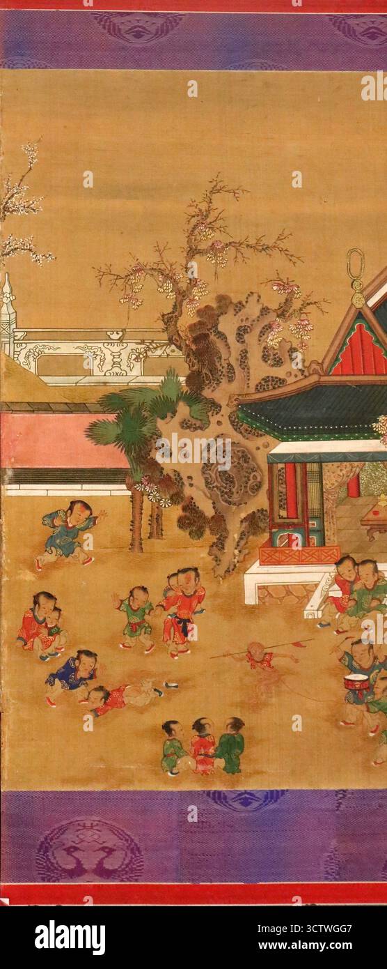 Une peinture sur un panneau d'un écran pliant 'cent enfants', de l'ère Joseon, tenue au Musée national du palais de Gyeongbokgung, Corée du Sud. C'était un genre populaire dans l'art populaire coréen, en particulier pendant la dynastie Joseon, symbolisant la prospérité, la longévité et le souhait de beaucoup de descendants, qui était très apprécié dans la société coréenne traditionnelle. c. 1750. Banque D'Images
