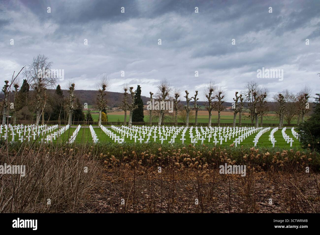 Belleau, France - 20 février 2022 : tombes au cimetière américain de l'Aisne-Marne par une journée nuageuse d'hiver en France. Banque D'Images